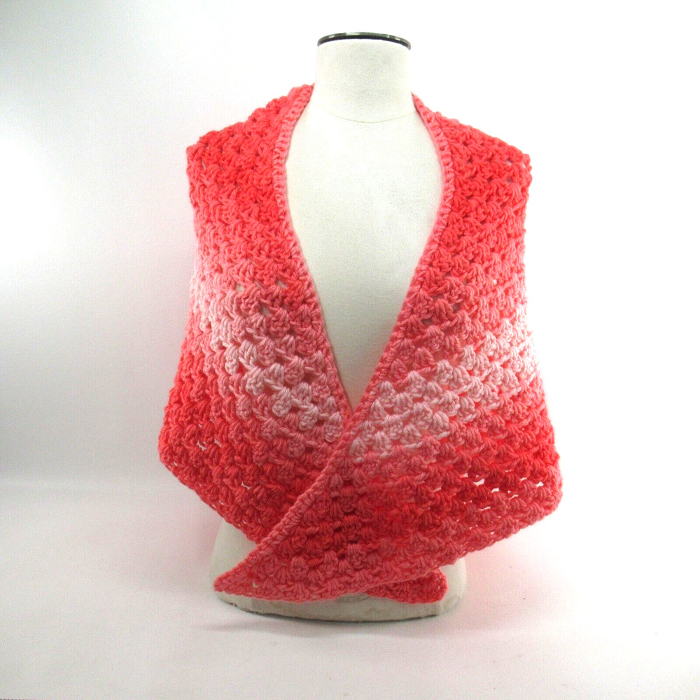 Vtg Hand Crochet Shawl Women Small 52 in Orange Ombre Pink Triangle Open Stitch